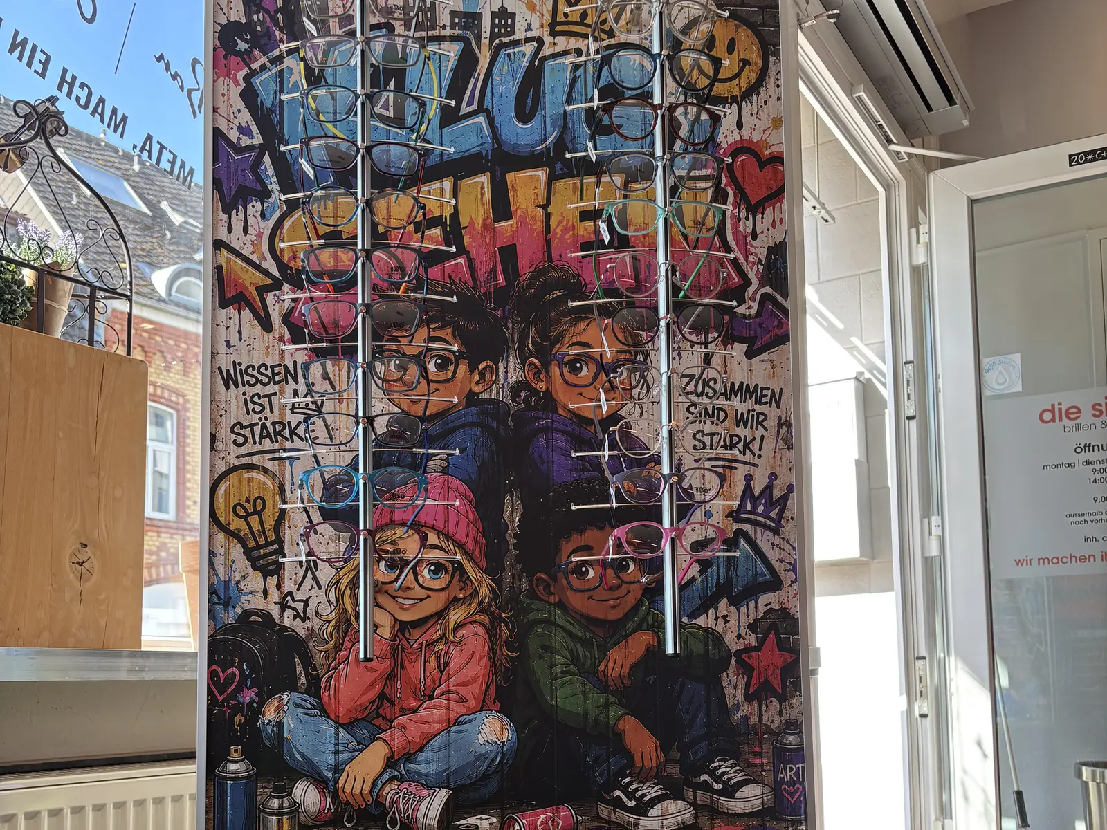 Graffiti-Display mit vier Kindern und dem Satz „Zusammen sind wir stark“ am Eingang von die sichtbar